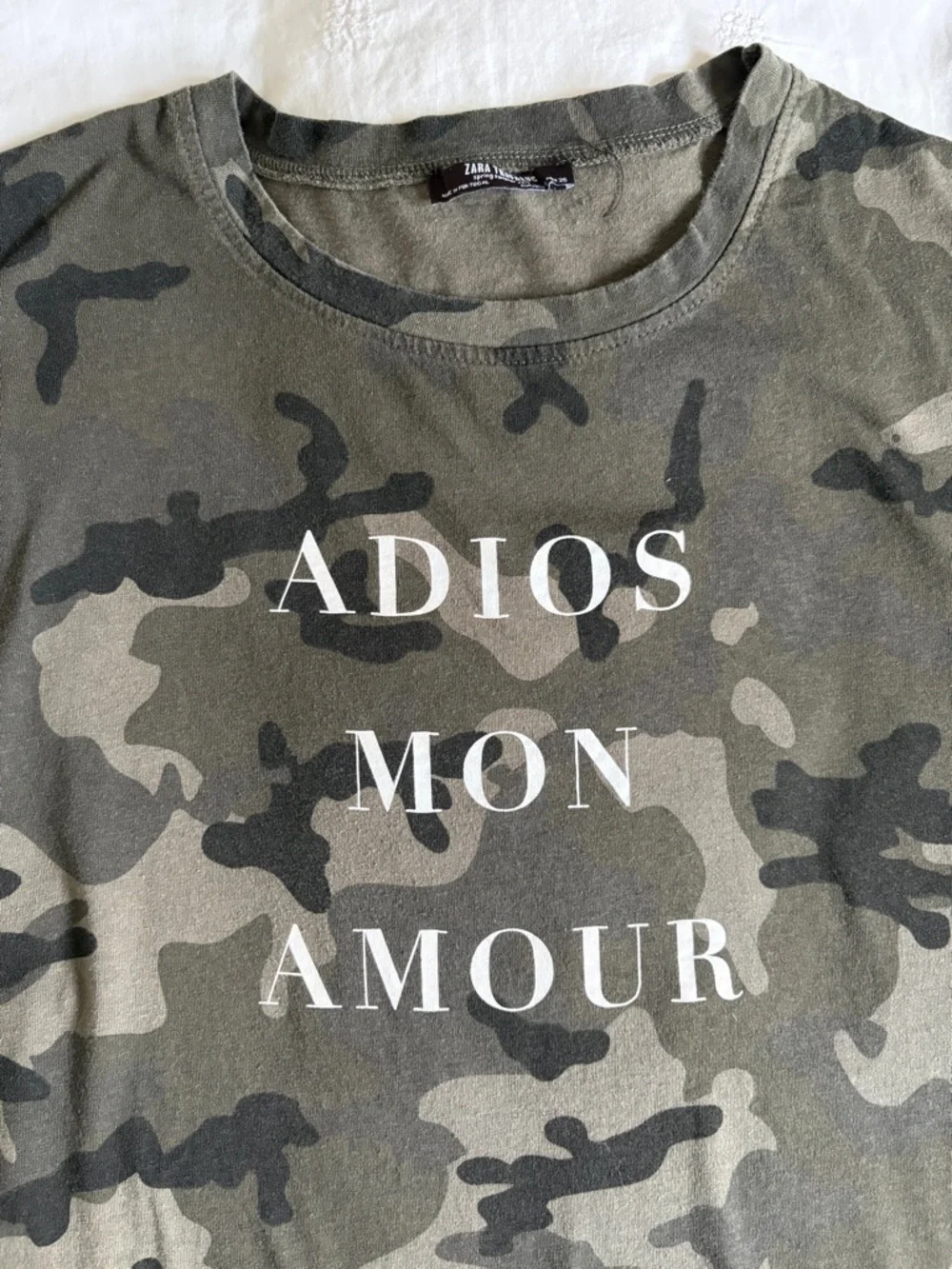 Zara Olive Green Camo 'Adios Mon Amour' Short Sleeve Tee - Picture 4 of 4